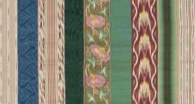 Detail of a textile with vertical strips of fabric sewn together