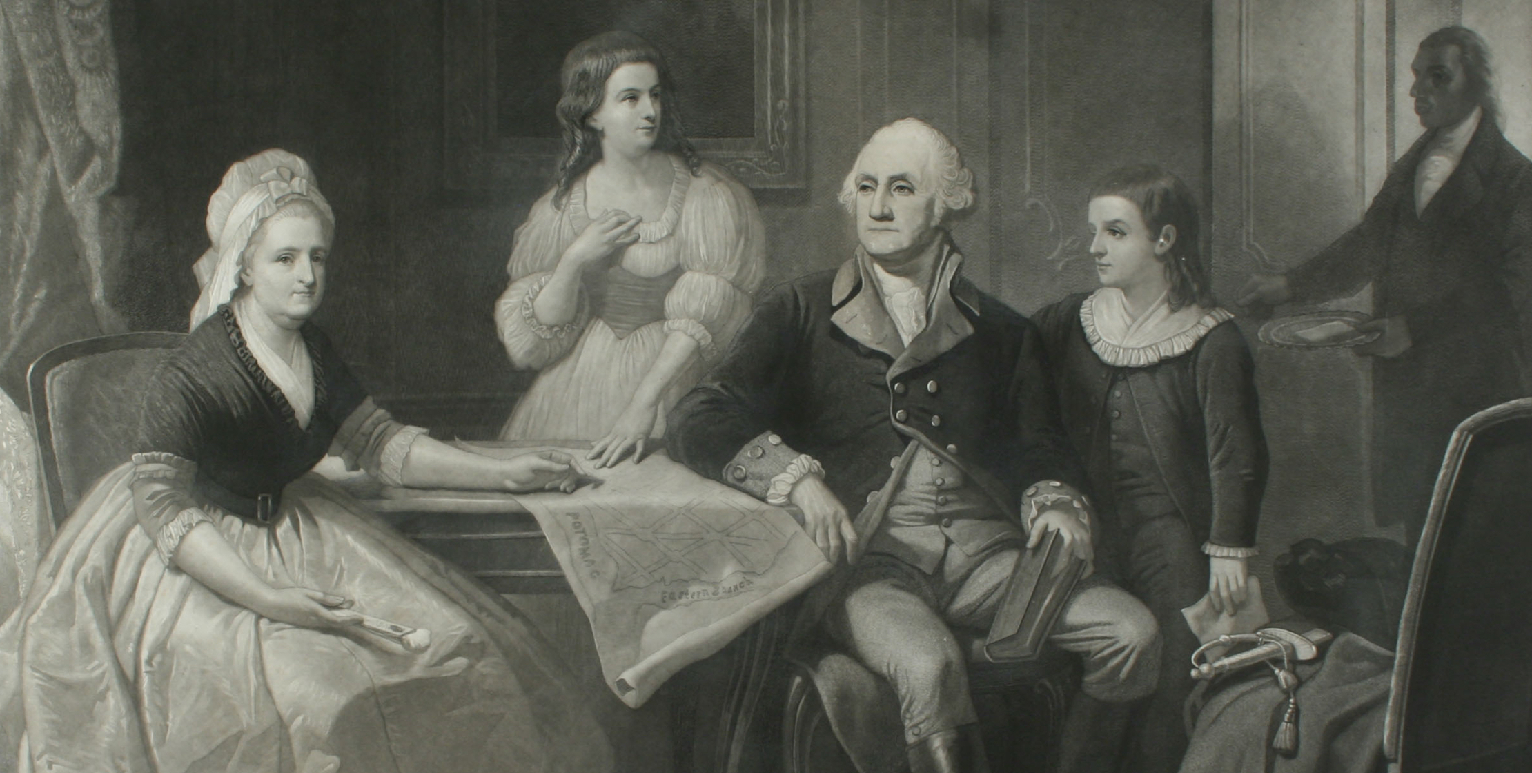 Print showing George and Martha Washington sitting at a table with a woman, child and servant standing behind them.