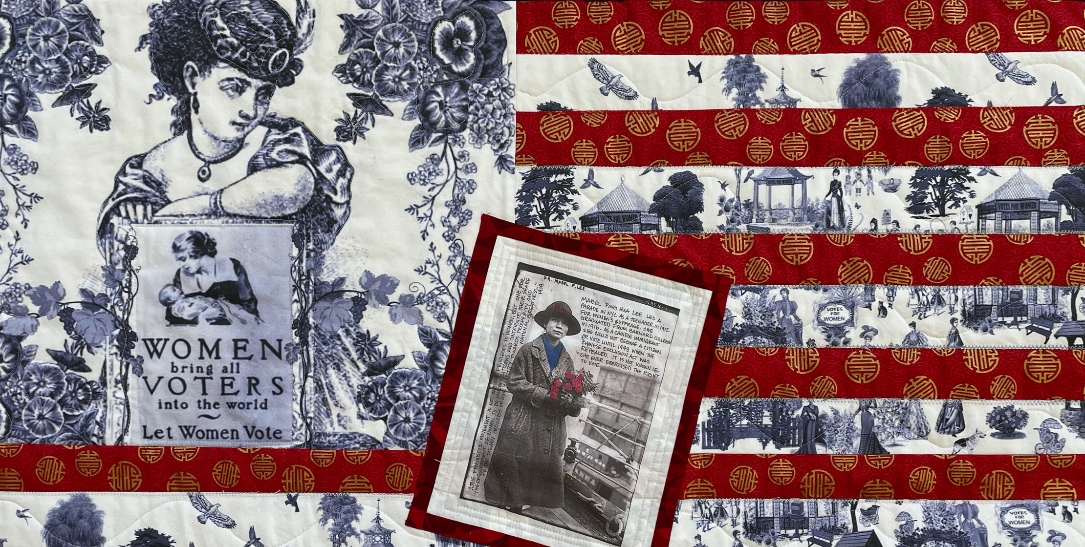 A quilt blending elements of the American flag with historical portraits of women.
