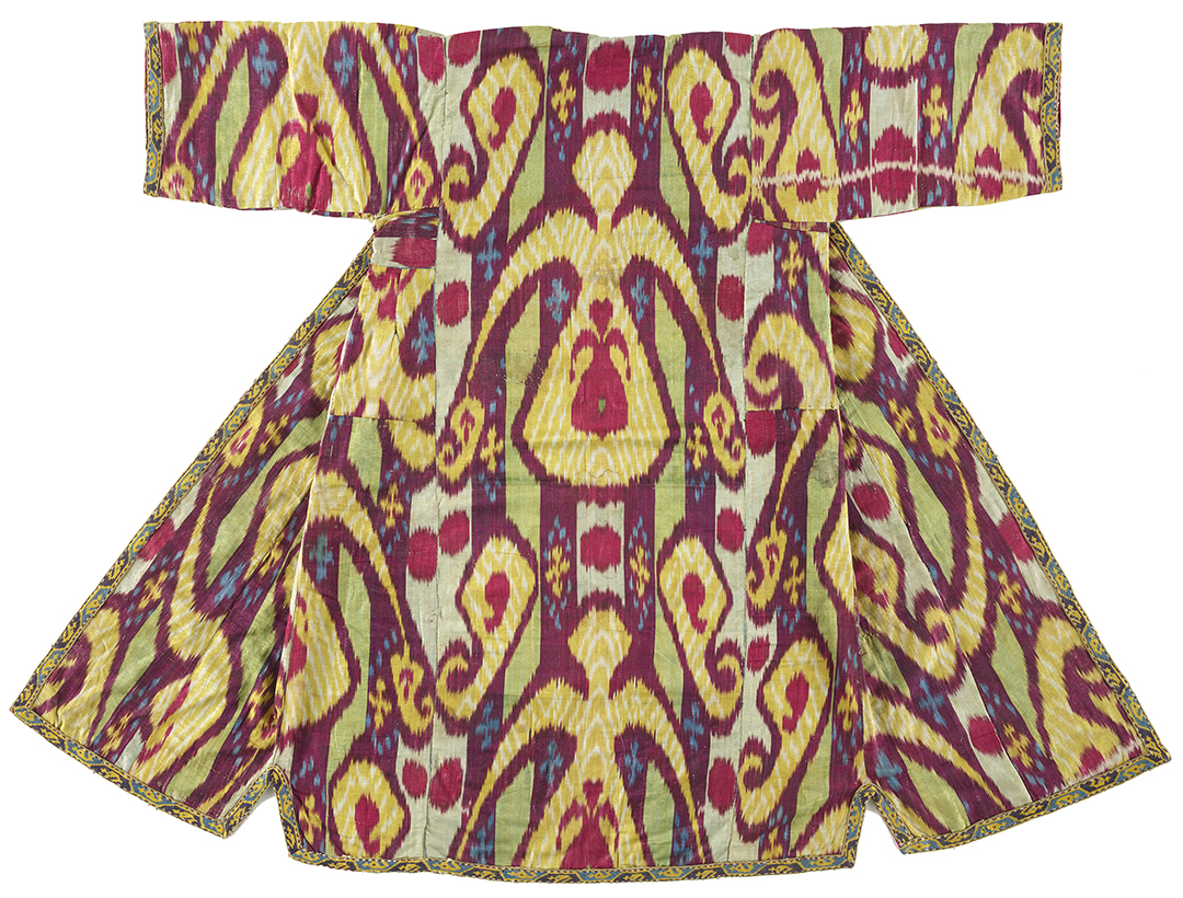 Colorful ikat robe from Uzbekistan in yellow, light-green, dark-pink and purple