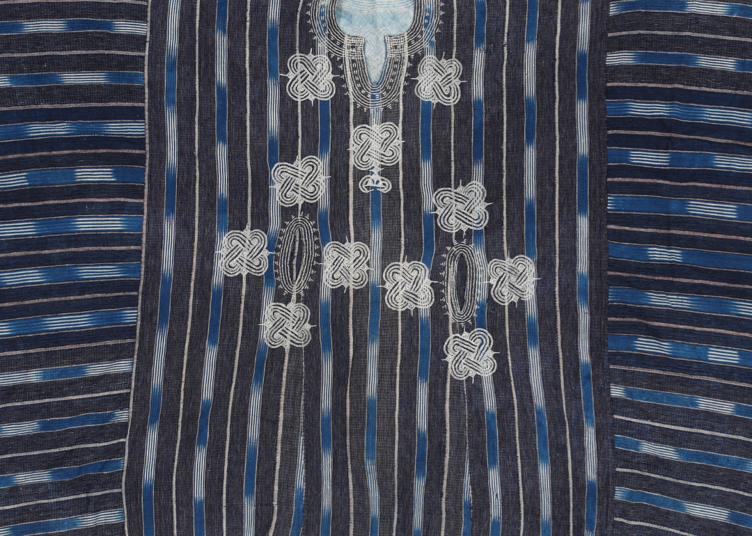 Detail of striped indigo ikat textile