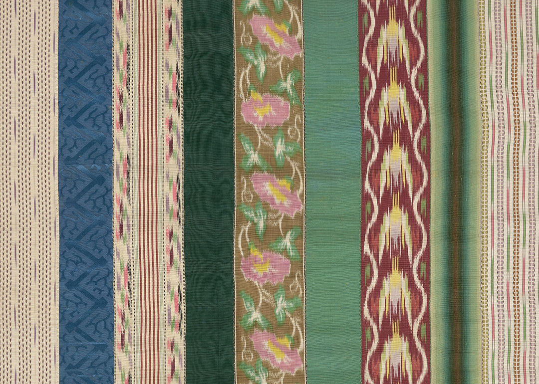 Textile with multicolored vertical strips of fabric sewn together