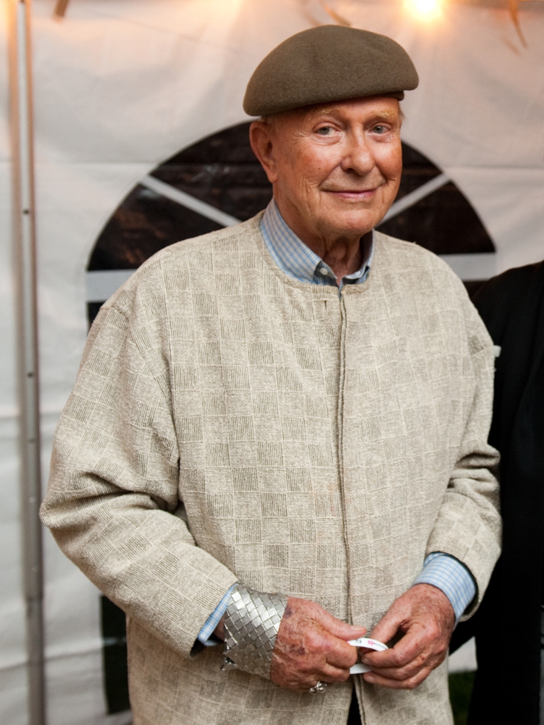 Jack Lenor Larsen wearing a wool cap
