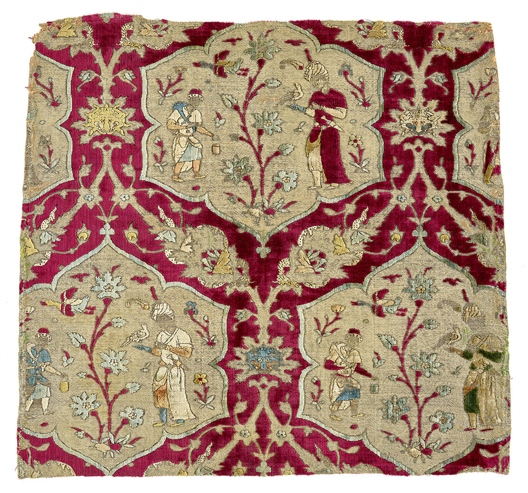Square Safavid velvet fragment with floral designs and scenes