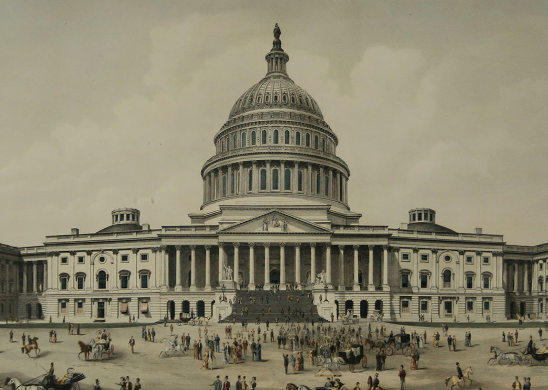 black and white drawing of the Capitol building