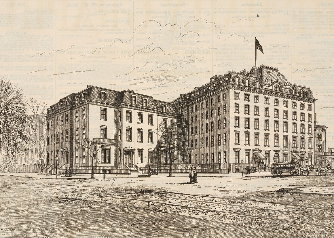 black and white illustration of a hotel