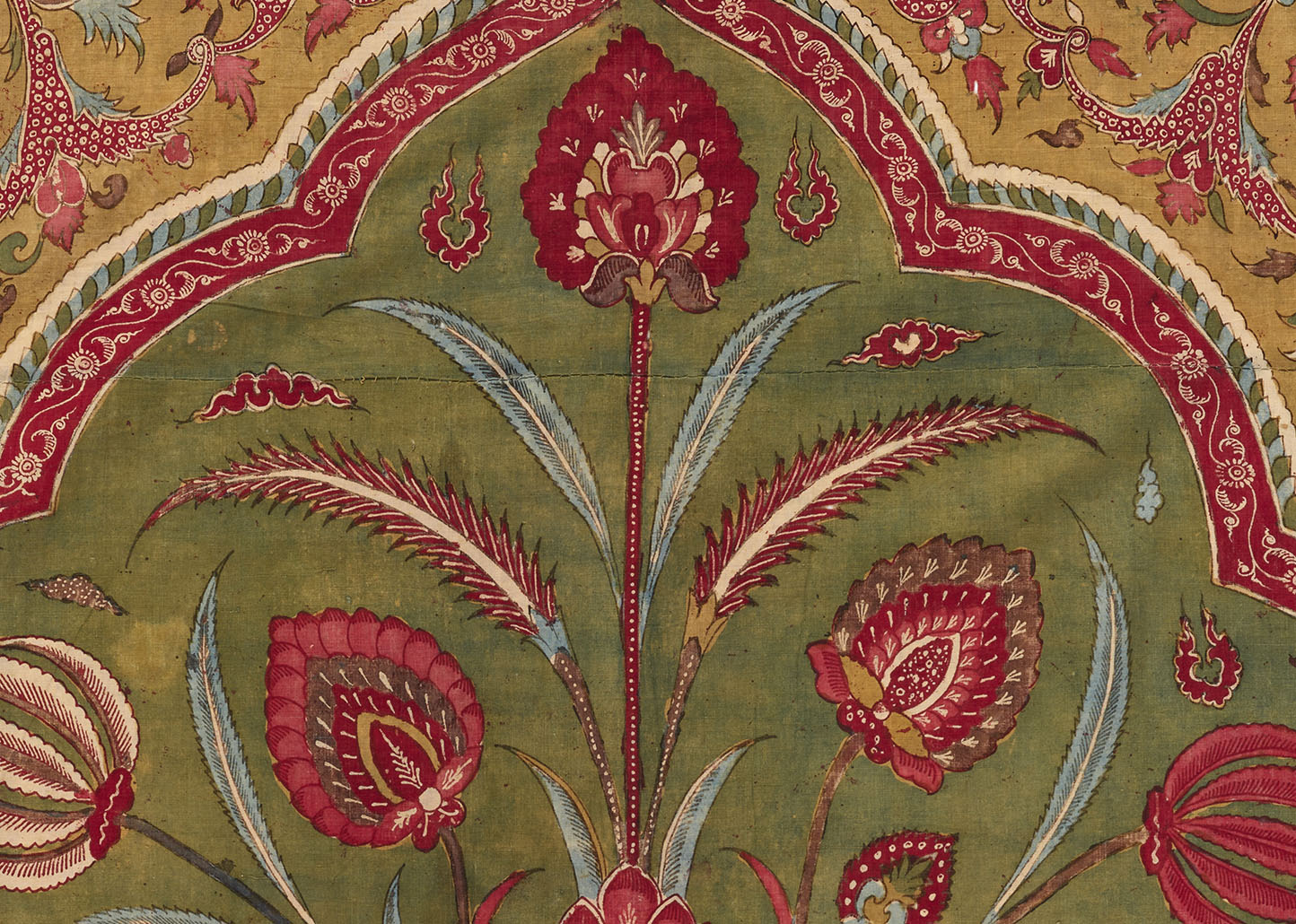 bright yellow textile with ribbon and floral designs