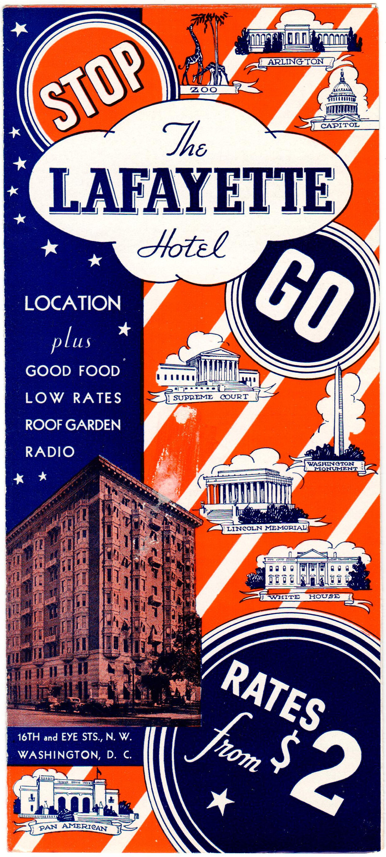blue and orange hotel advertisement about the Lafayette Hotel