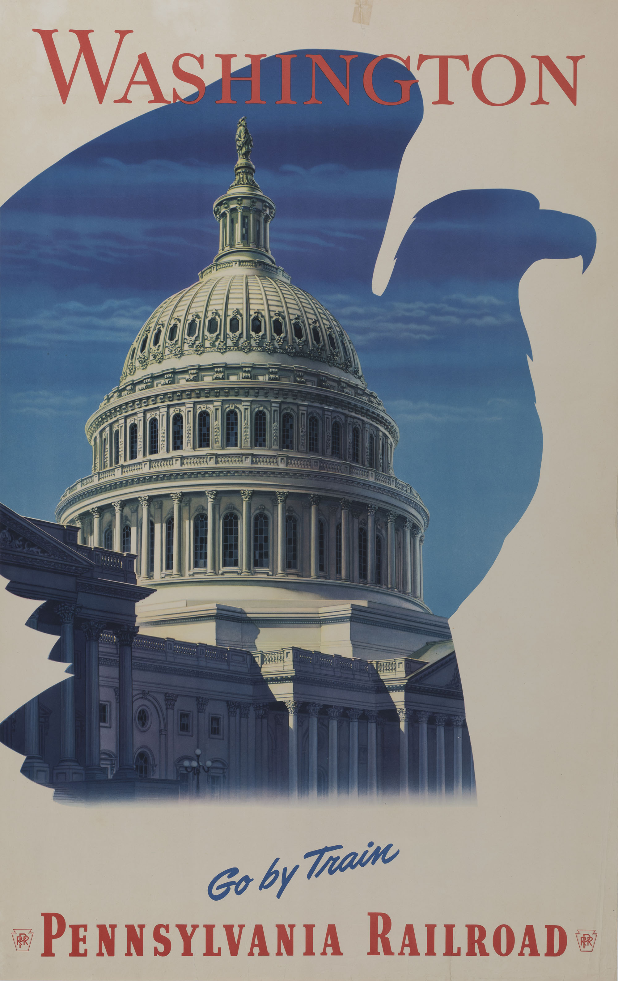 advertisement showing the US Capitol building telling viewers to travel by train