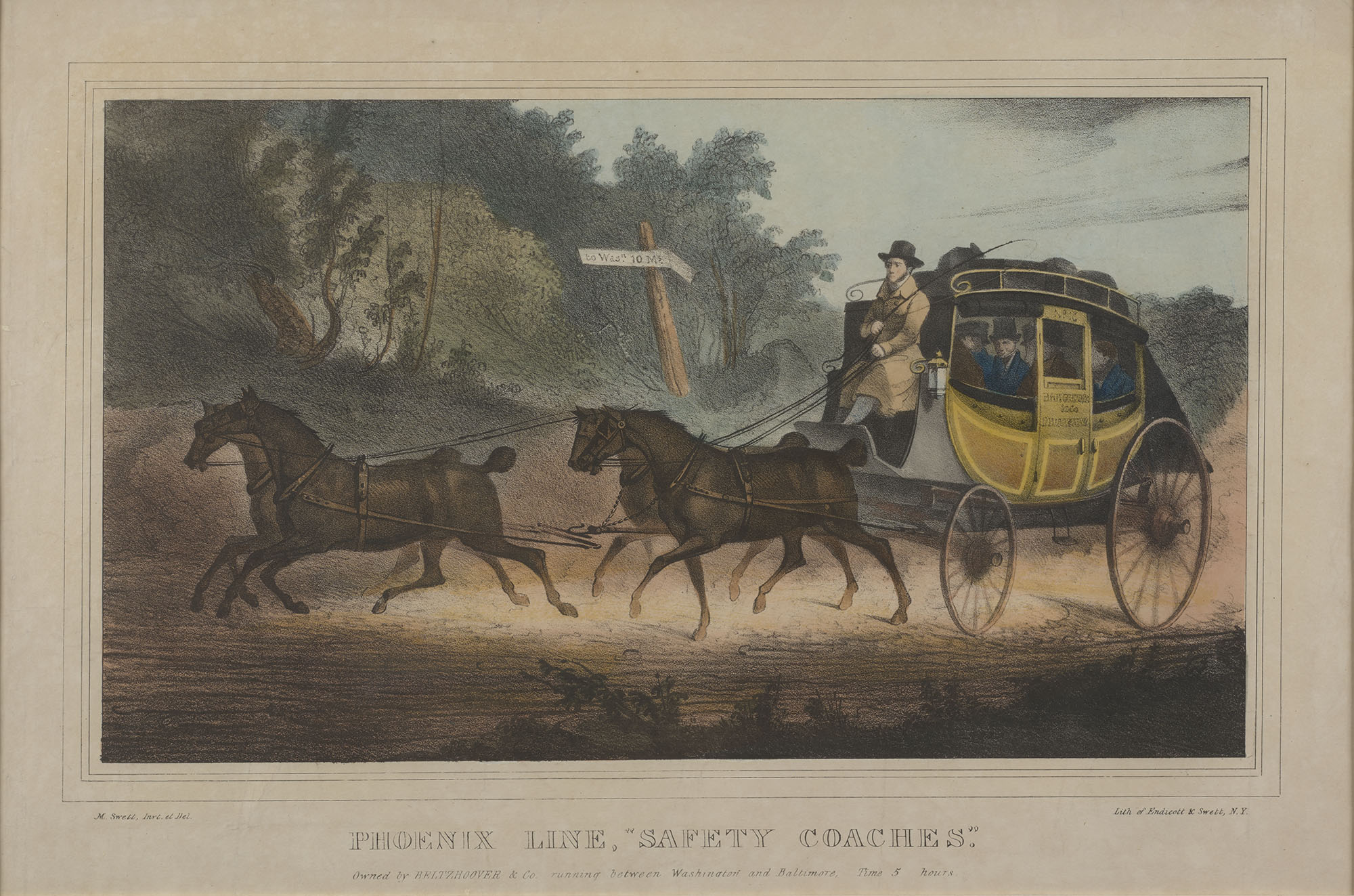 drawing of a stage coach being pulled by two horses