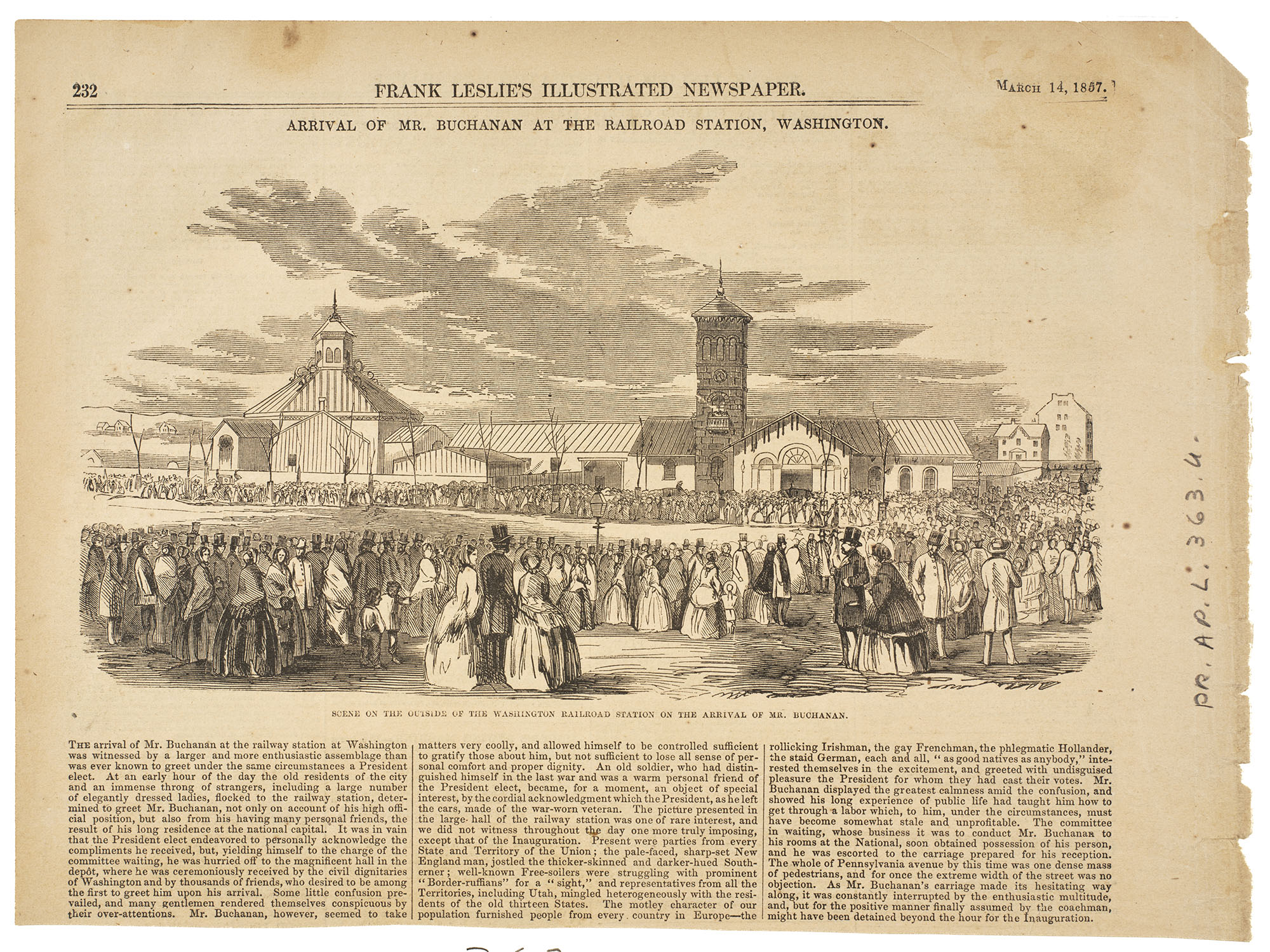 newspaper clipping about President Buchanan arriving at a train station
