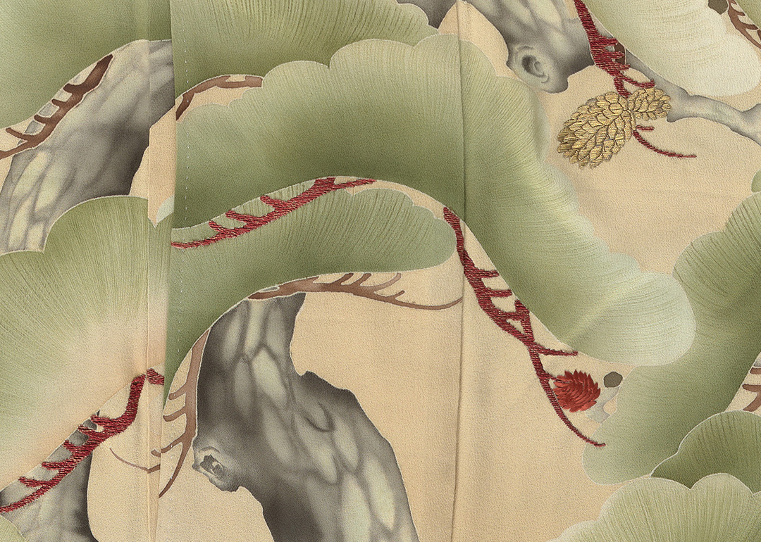 pine tree design dyed onto kimono