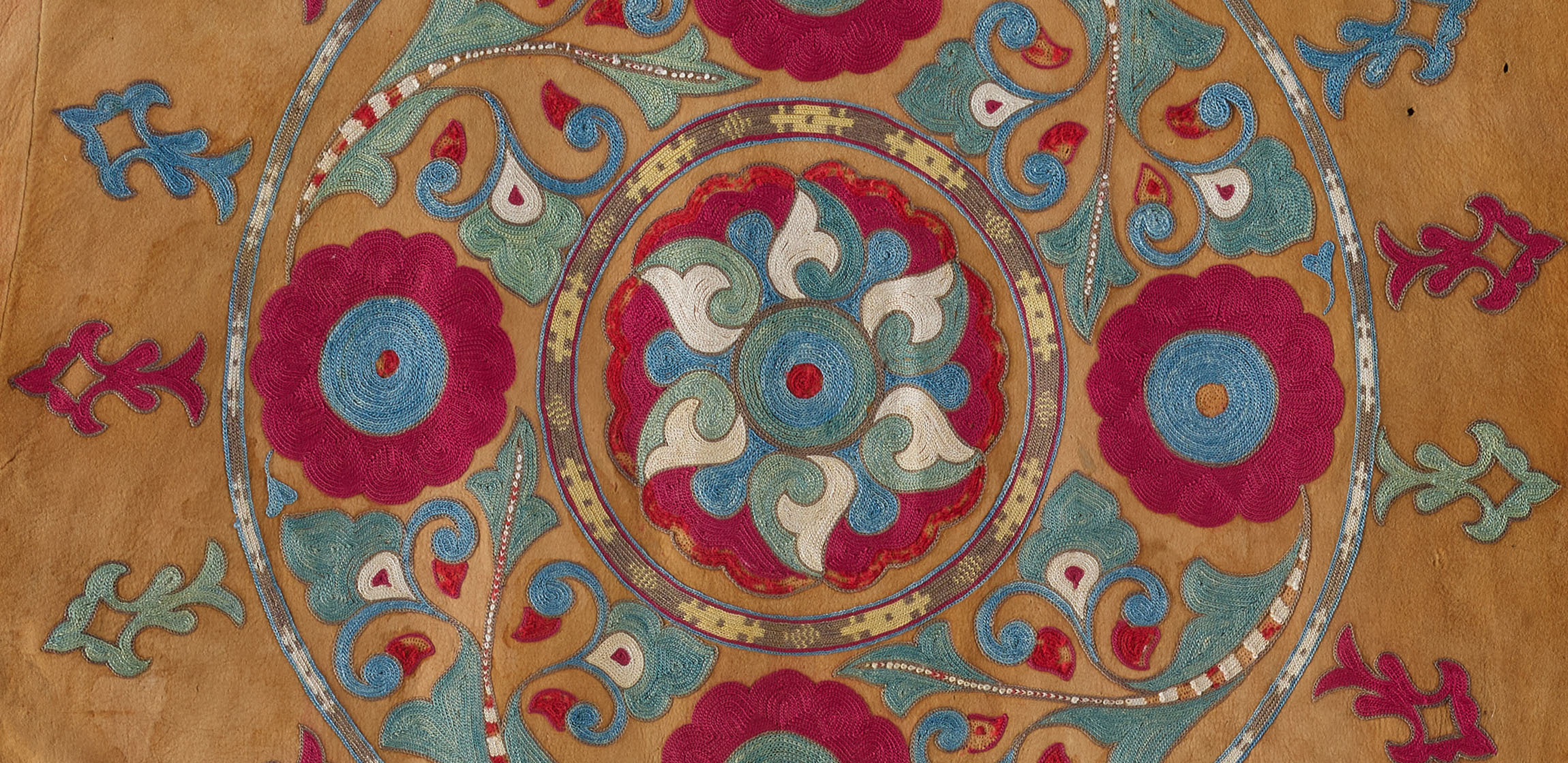 detail of Central Asian embroidery on a brown doe-skin jacket