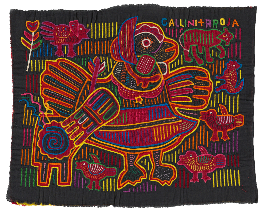 Black textile with colorful design of hen in a bonnet