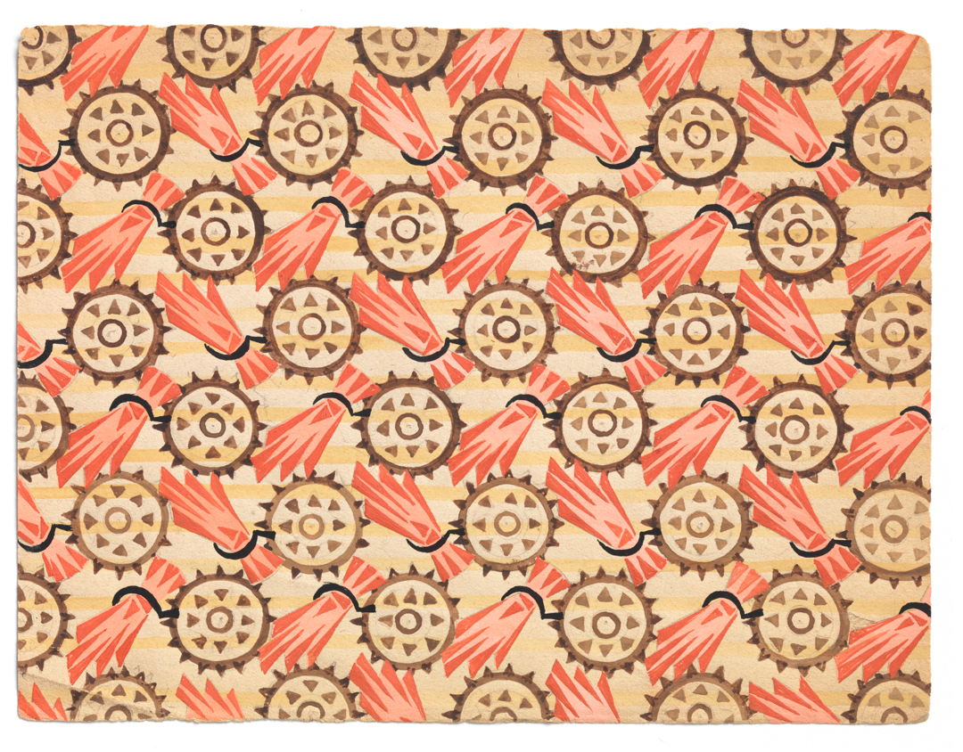 Painted textile design on paper showing gears and sheaves of grain