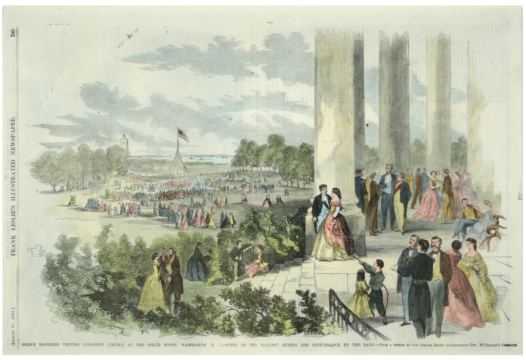 Hand-colored view of a crowd of civilians on the south portico of the White House