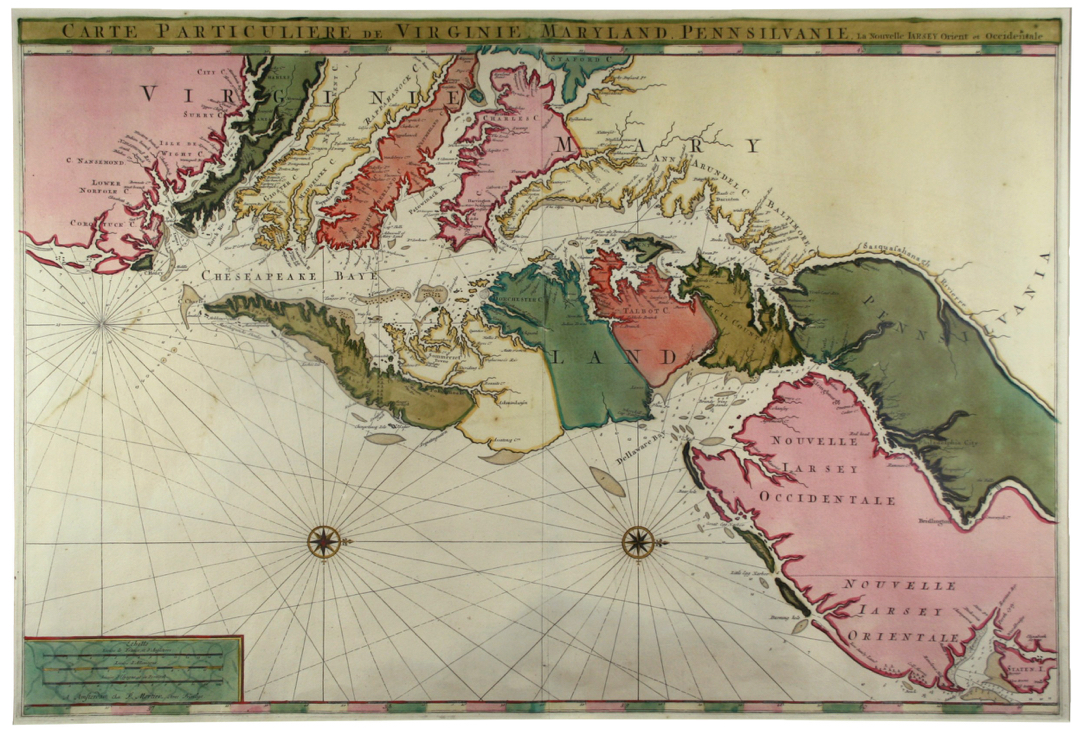 Handcolored map showing considerable detail of Virginia, the Chesapeake Bay, and Delaware