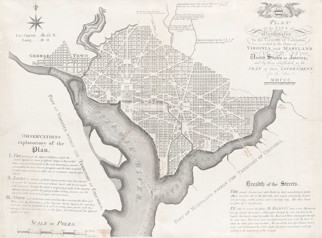 Greyscale map of both Washington City and Georgetown showing the numbered squares