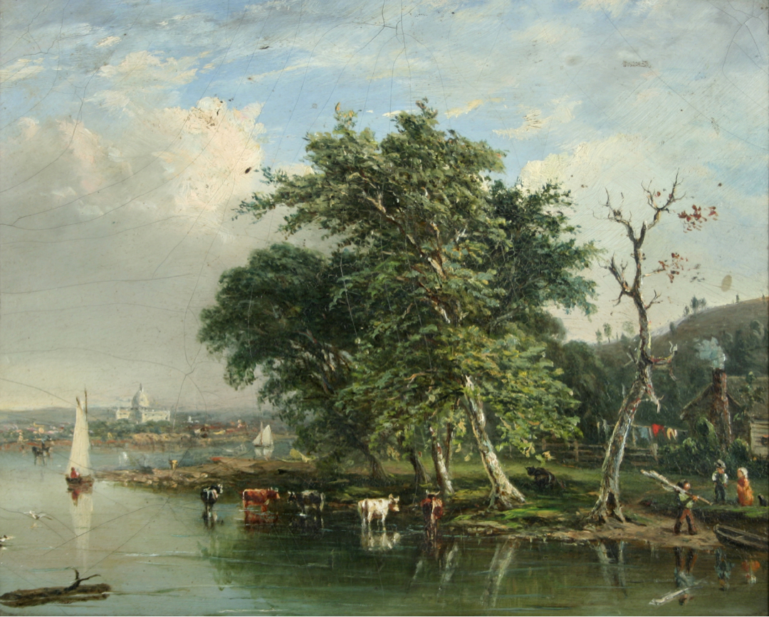 Bucolic scene of cows and people working on the river, with the Capitol in the distance
