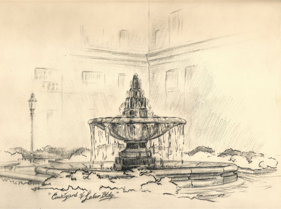 Black-and-white sketch of a fountain