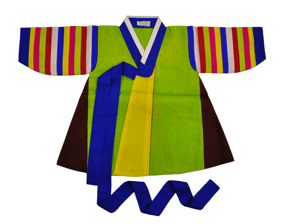 Lime green robe fastened at the base of the neck with a long blue sash, with multicolored striped sleeves