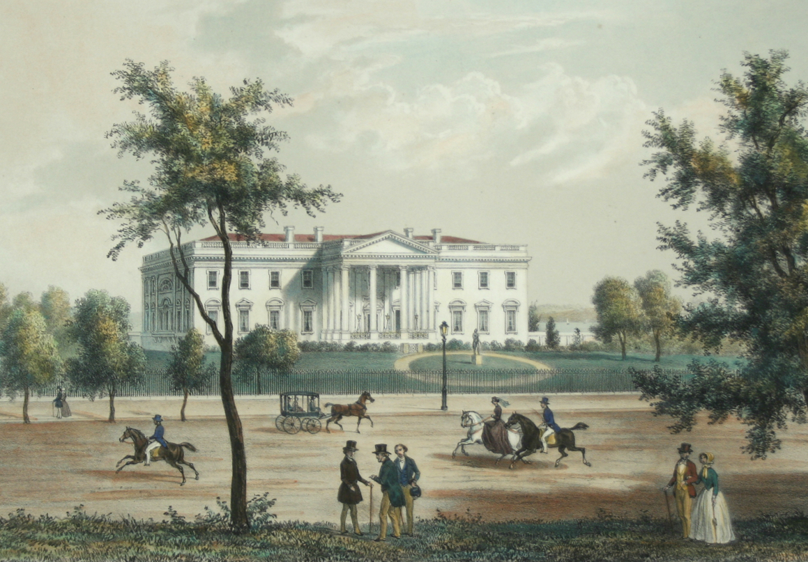 Print showing the White House with dirt road and carriages in front