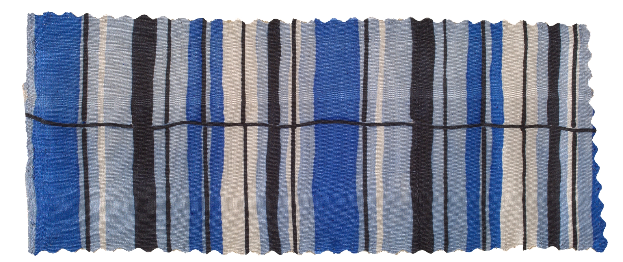 Textile with pattern of blue, grey, beige and black stripes in varying widths