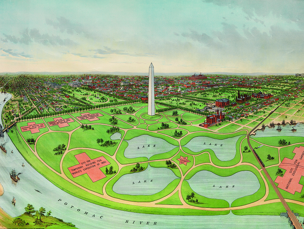 Colorful print showing National Mall and Washington Monument