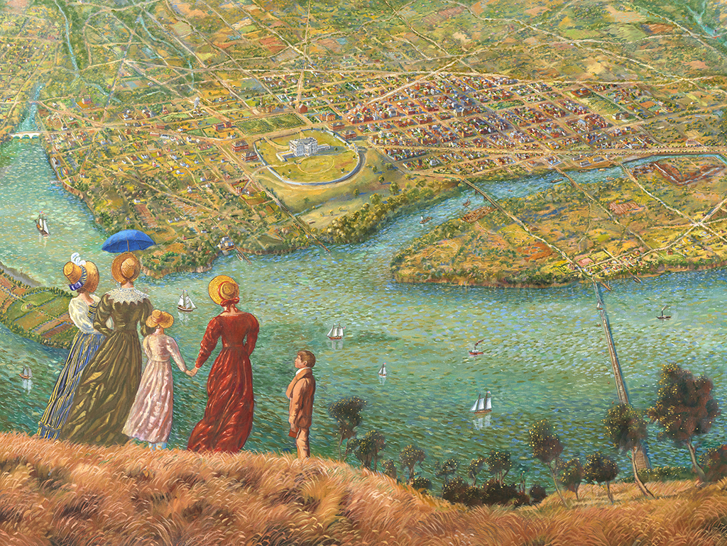 Detail of bird's-eye-view painting of historical D.C.