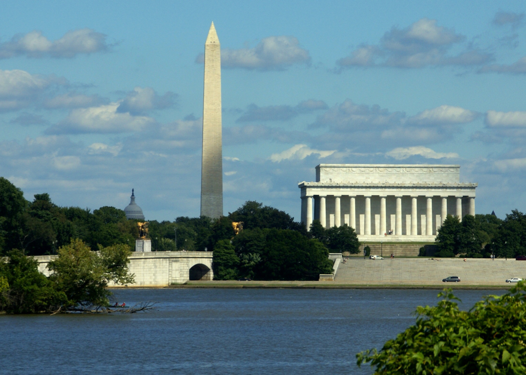 Photograph showing the Washington Monument on the left and the Lincoln Memorial on the right, with a river in the foreground
