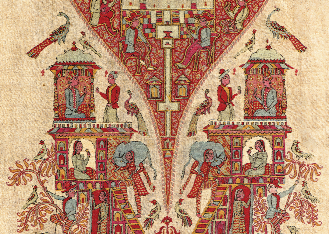 Detail of a textile with figures in colorful structures