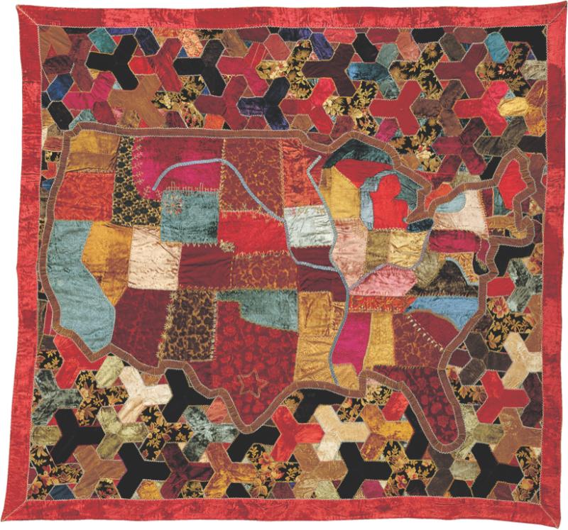 Multicolored quilt depicting a map of the United States
