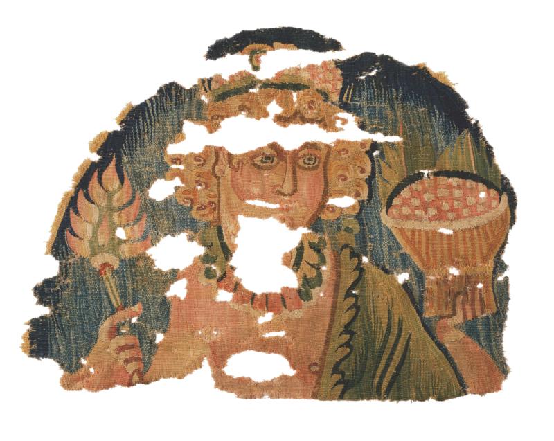 Textile fragment showing figure holding basket