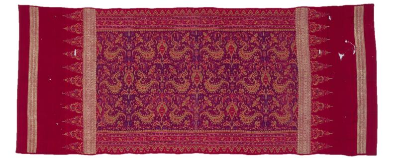 Red silk textile with gold bands