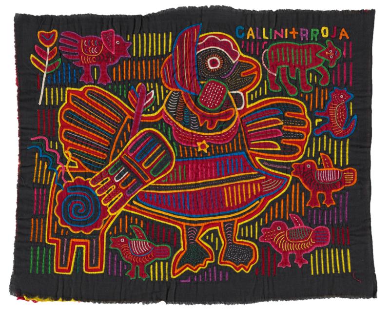 Black textile with colorful design of hen in a bonnet