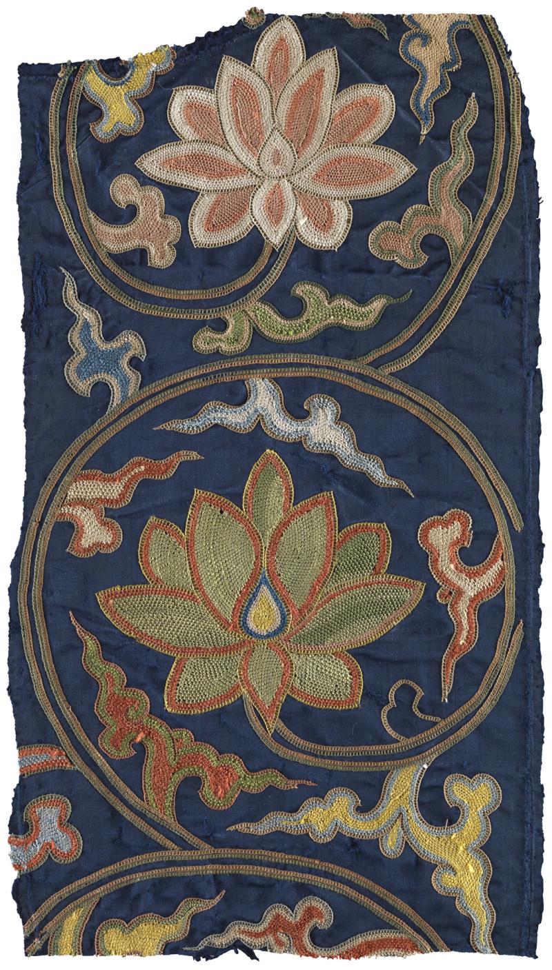 Navy textile with embroidered lotus flowers