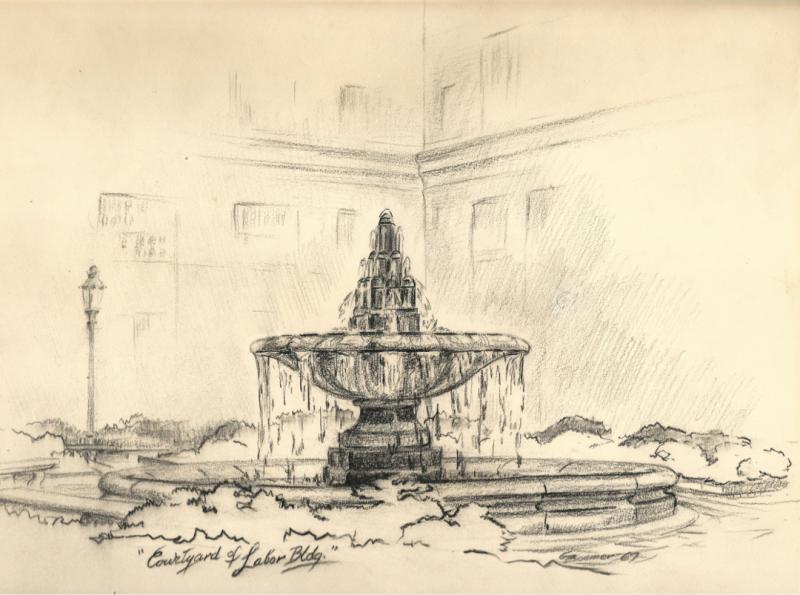 Black-and-white sketch of a fountain
