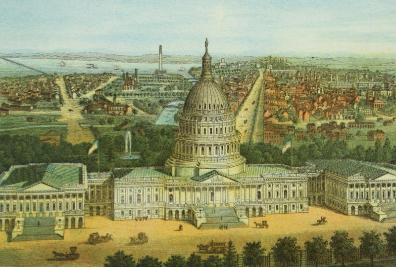 Print of Capitol building with carriages out front