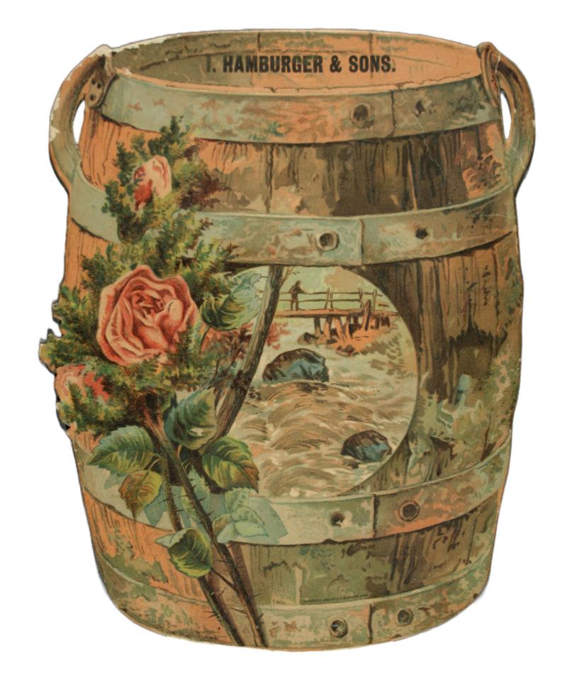 Cutout shaped like a barrel with roses on the front