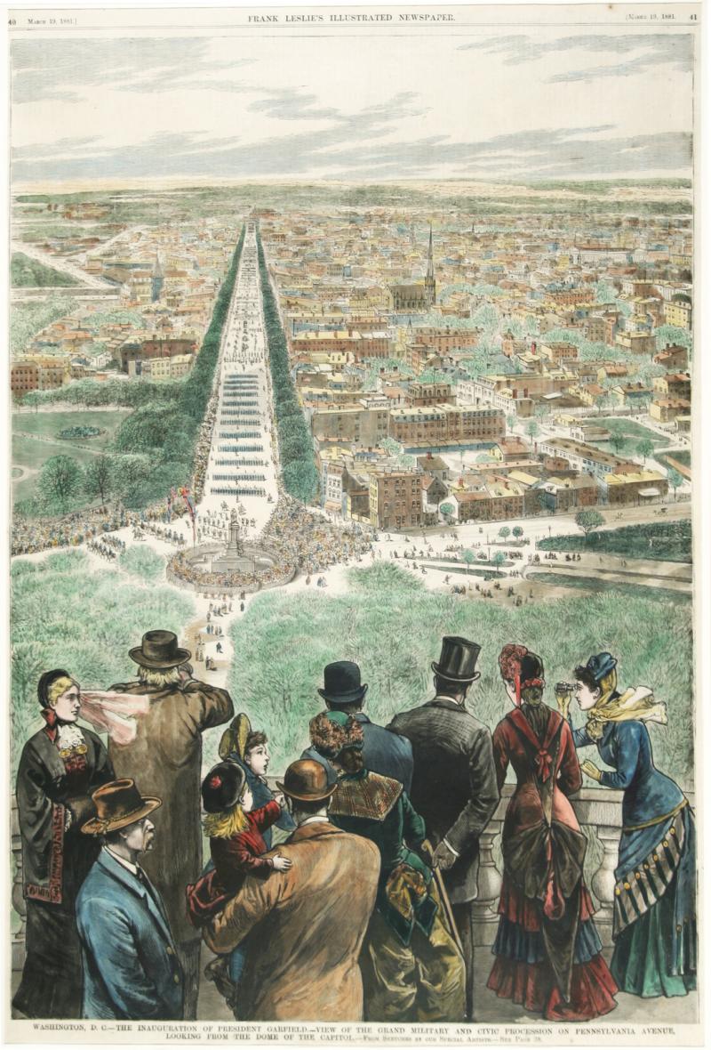 A group of Victorian men and women look out over National Mall