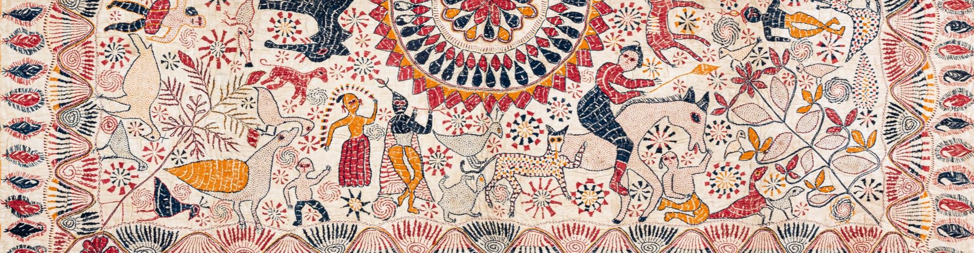 Human and bird figures in kantha stitch