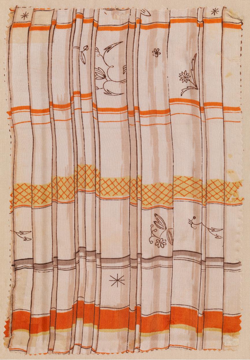 Silk patterned with a design of drapery folds. as well as stripes and scatter floral motifs