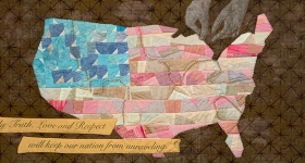 A quilt depicting a map of the United States in the patterns and colors of the American flag.