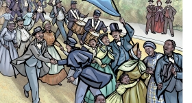illustrated book cover showing a parade of cheering people