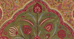 floral textile in green, red and gold 