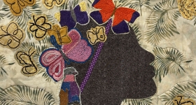 quilted woman's silhouette with butterflies on her head 