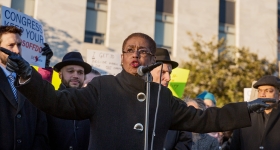 DC shadow representative Eleanor Holmes speaks at a rally 