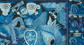 blue textile with Chinese design motifs