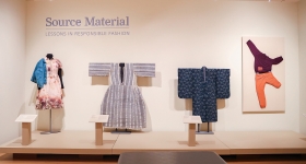 Four ensembles displayed on a platform in a museum gallery